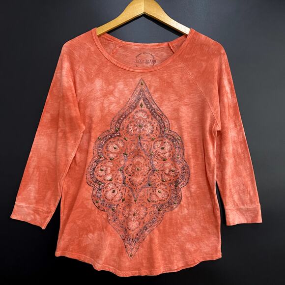 Lucky Brand Tie Dye Top Women's Small Orange Bronze Studs Round Neck 3/4 Sleeve - Picture 1 of 8